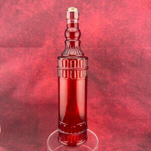 DECORATIVE RED GLASS VINTAGE BOTTLE WITH CORK EMBOSSED ROPE DESIGN 12" HIGH